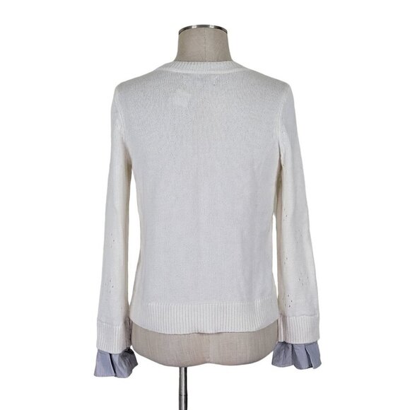 Loft Crew Neck Sweater Size S Pullover Contrast Striped Cuff Lightweight White - Picture 4 of 10